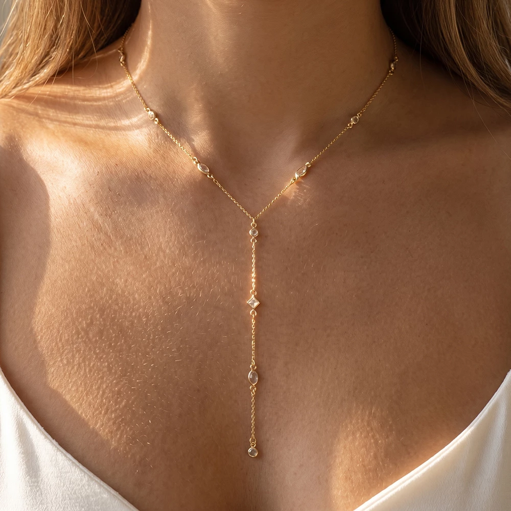 Gold Dipped Bezel Cz Station Y Drop Necklace
