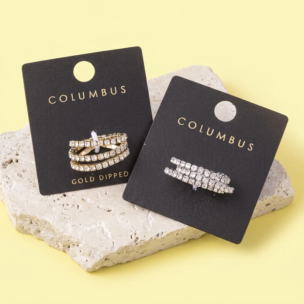 Gold Dipped Rhinestone Three Row Stretch Ring