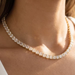 Gold Dipped Square Cz Tennis Necklace