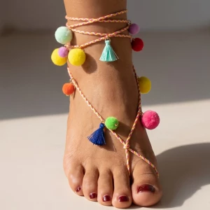 Braided Cord Pom Pom And Tassel Wrap Anklet