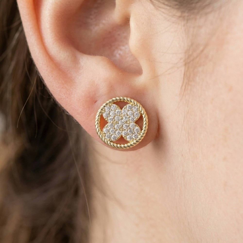 Cz Clover Rope Circle Stud Earrings