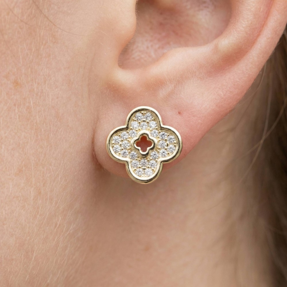 Gold Dipped Cz Pave Cut Out Clover Stud Earrings