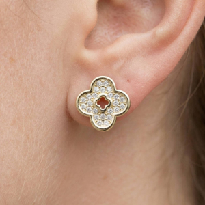 Gold Dipped Cz Pave Cut Out Clover Stud Earrings