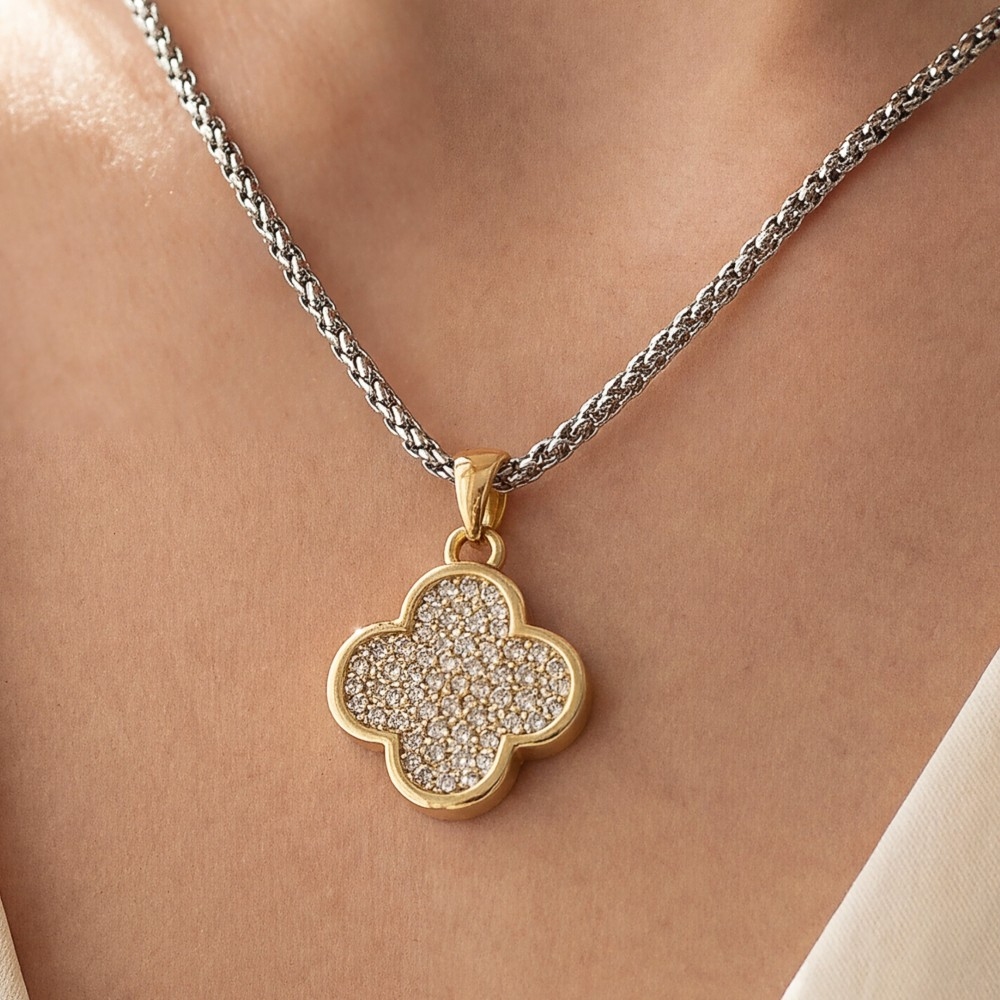Gold Dipped Two Tone Cz Pave Clover Pendant Necklace