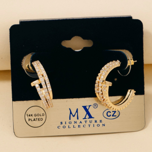 Gold Dipped Cz Pave Layered Nail Hoop Earrings
