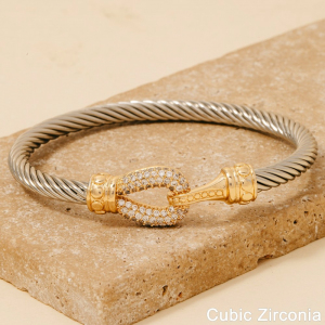 Gold Dipped Two Tone Cz Pave Hook Bangle Bracelet