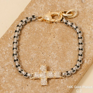 Gold Dipped Cz Pave Two Tone Chain Bracelet