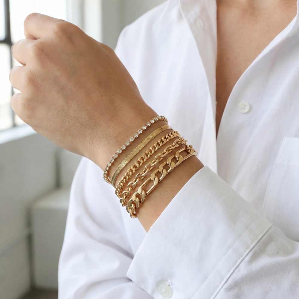 Mixed Curb And Tennis Chains Bracelet Set