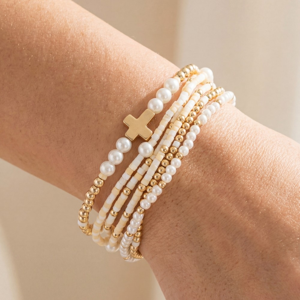 Cross Charm Mixed Beaded Bracelets Set