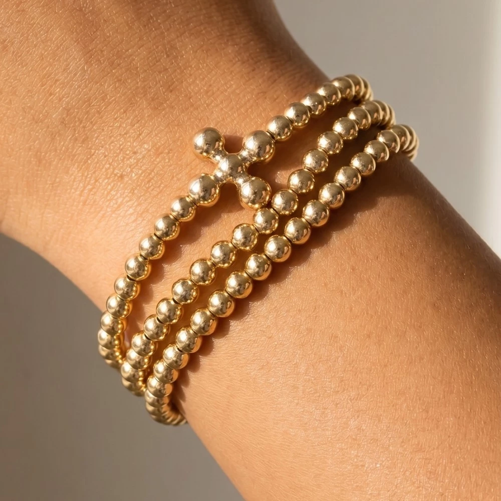 Large Metallic Bead Cross Charms Layered Bracelet Set