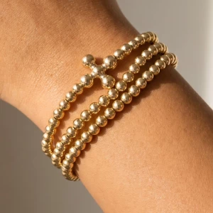 Large Metallic Bead Cross Charms Layered Bracelet Set