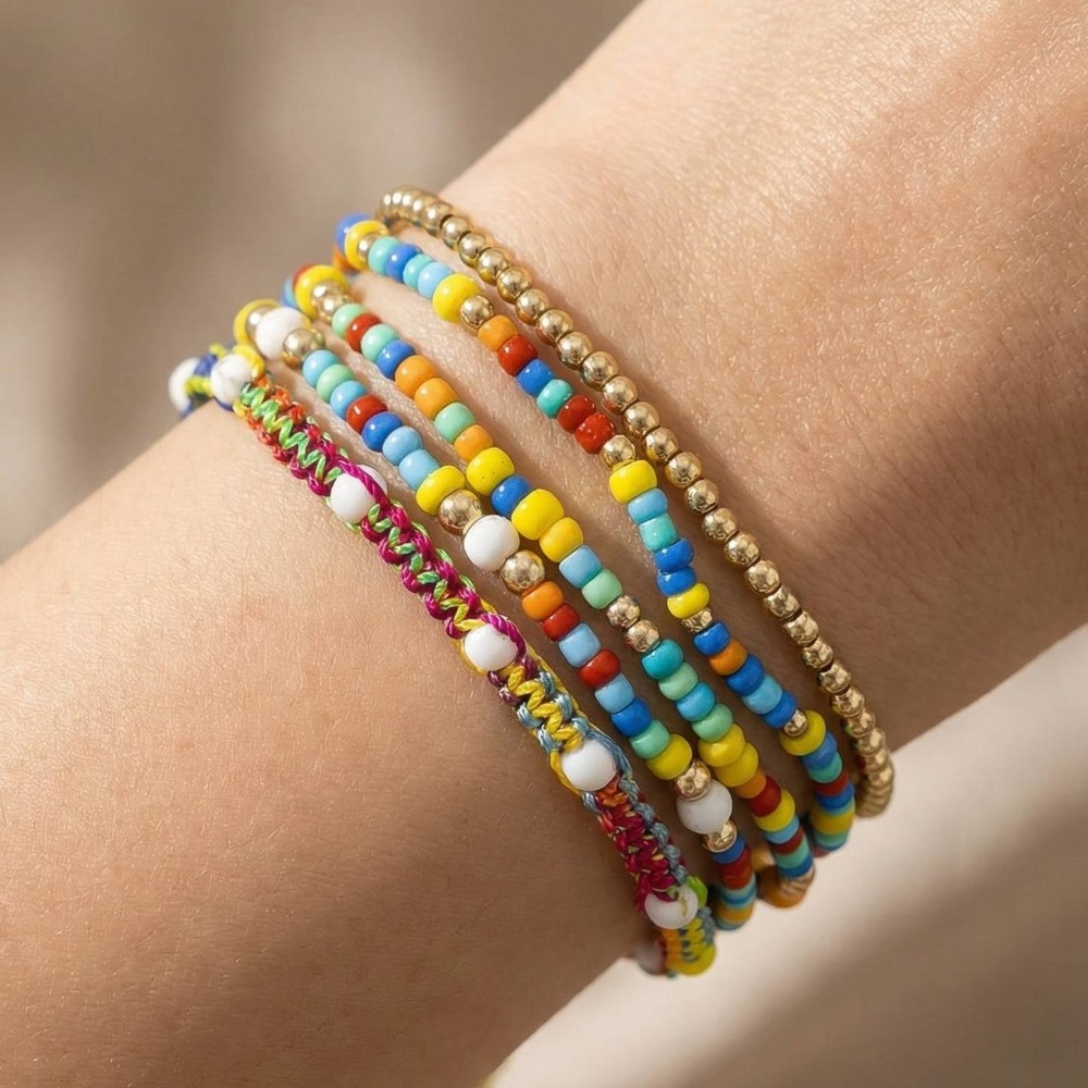 Assorted Beads And Braided Cord Bracelet Set