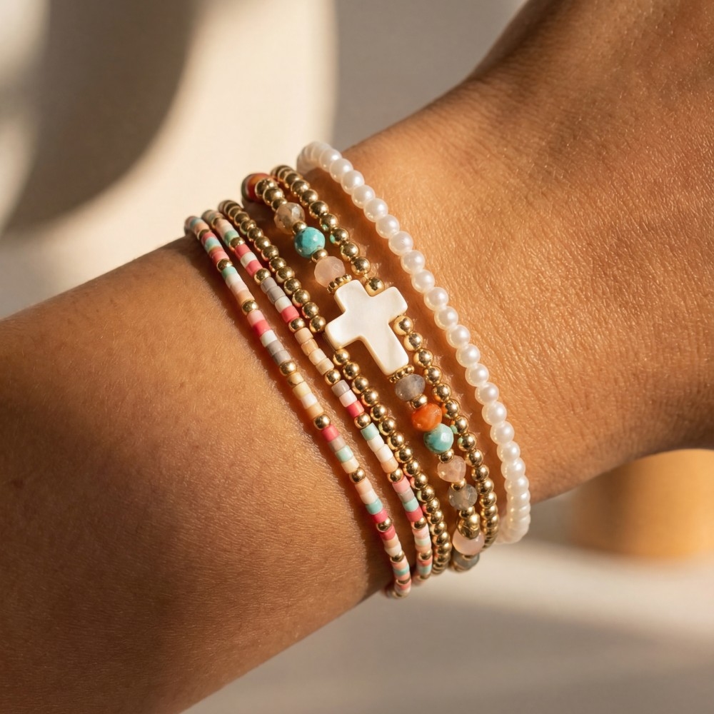 Sea Shell Cross Charm Mixed Mini Beaded Bracelet Set