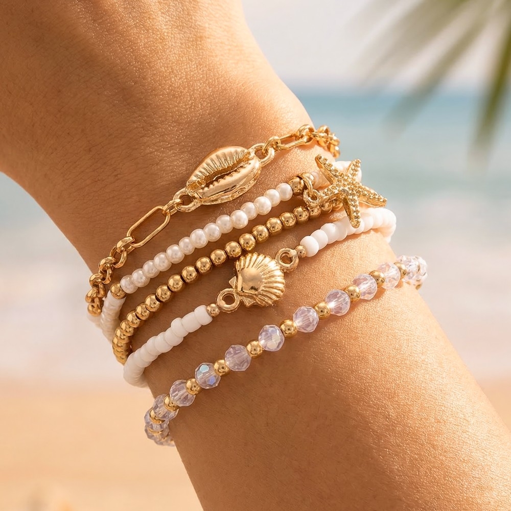 Starfish And Cowrie Shell Mixed Pearl Beaded Bracelet