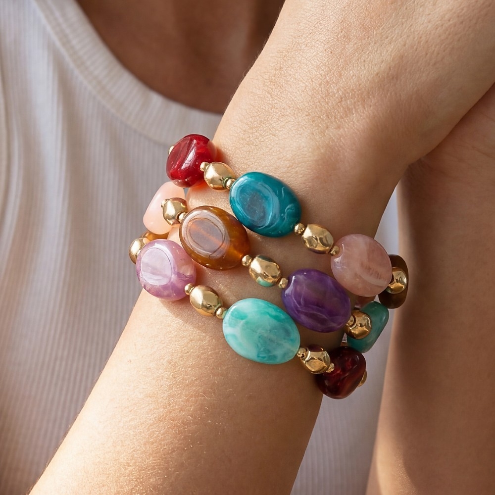 Irregular Marble Resin And Metallic Beaded Bracelet Set