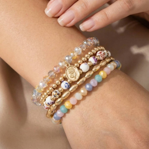 Floral Ceramic And Mixed Beaded Bracelet Set