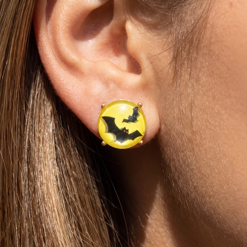 Bat Print Round Glass Dome Halloween Stud Earrings