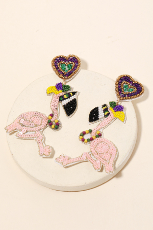 Beaded Flamingo Mardi Gras Drop Earrings