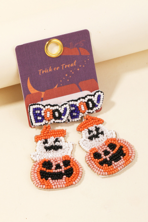 Beaded Jack O Lantern Boo Halloween Earrings