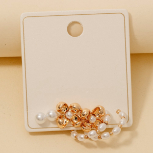 Pearl Beads Flower Stud And Hoop Earrings Set