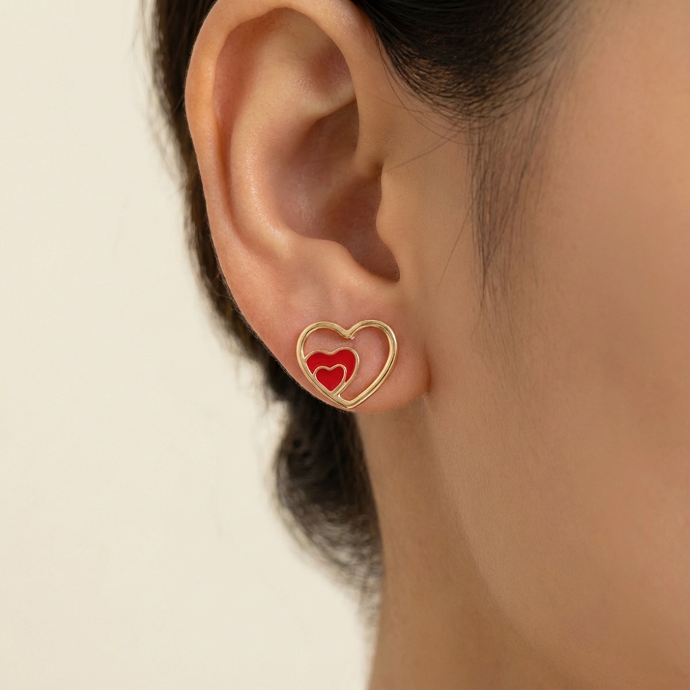 Enamel Heart Layered Stud Earrings