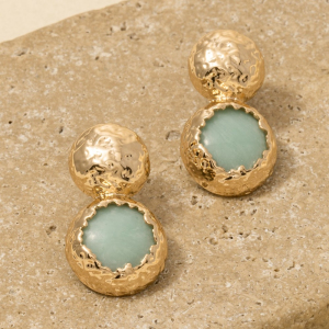 Hammered Dome And Stone Stud Dangle Earrings