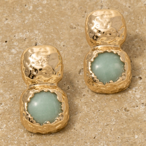 Hammered Square And Stone Stud Dangle Earrings