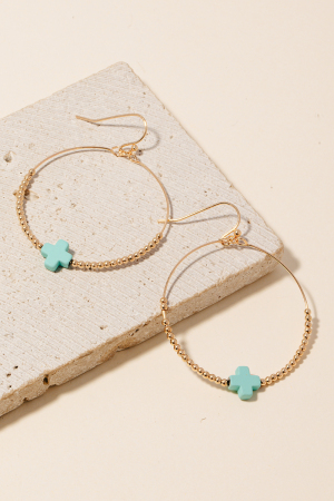 Mini Stone Cross Charm Beaded Hoop Drop Earrings