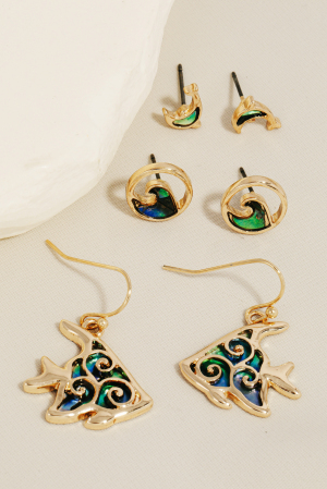 Angel Fish Dolphin Waves Stud Earrings Set