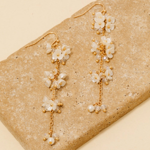 Iridescent Flowers And Pearl Beads Chain Dangle Earrings