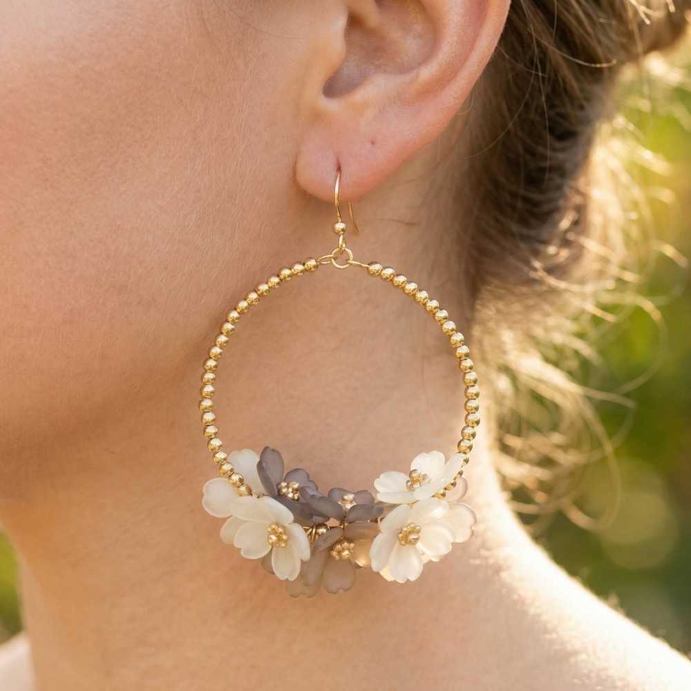 Floral Accent Hoop Dangle Earrings