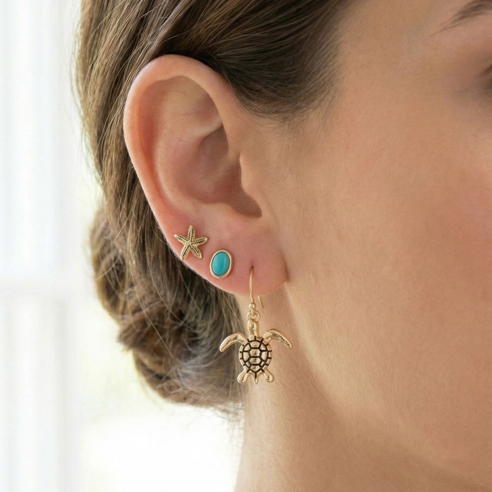 Sea Life And Blue Oval Gem Stud Earrings Set