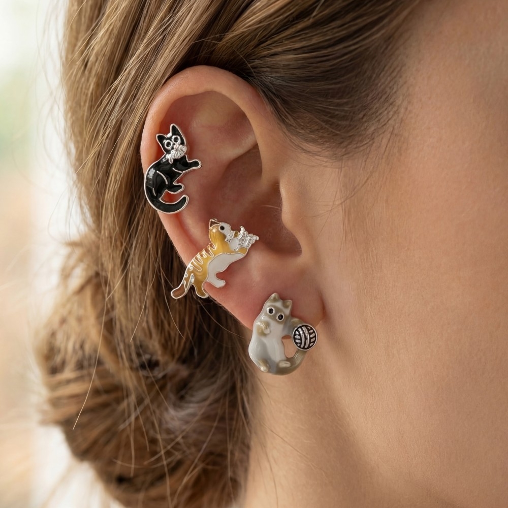 Enamel Cat Trio Stud Earring Set