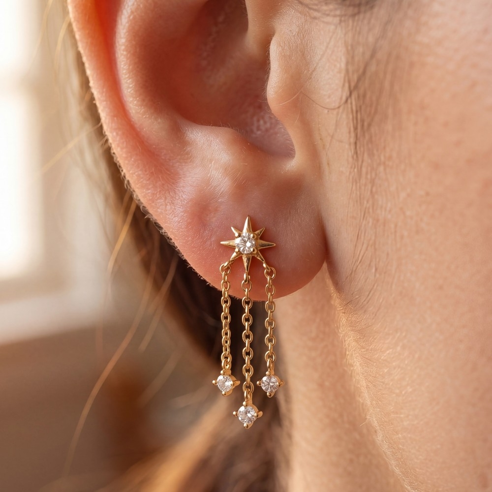 Starburst Cz Stud Triple Chain Drop Earrings