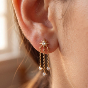 Starburst Cz Stud Triple Chain Drop Earrings