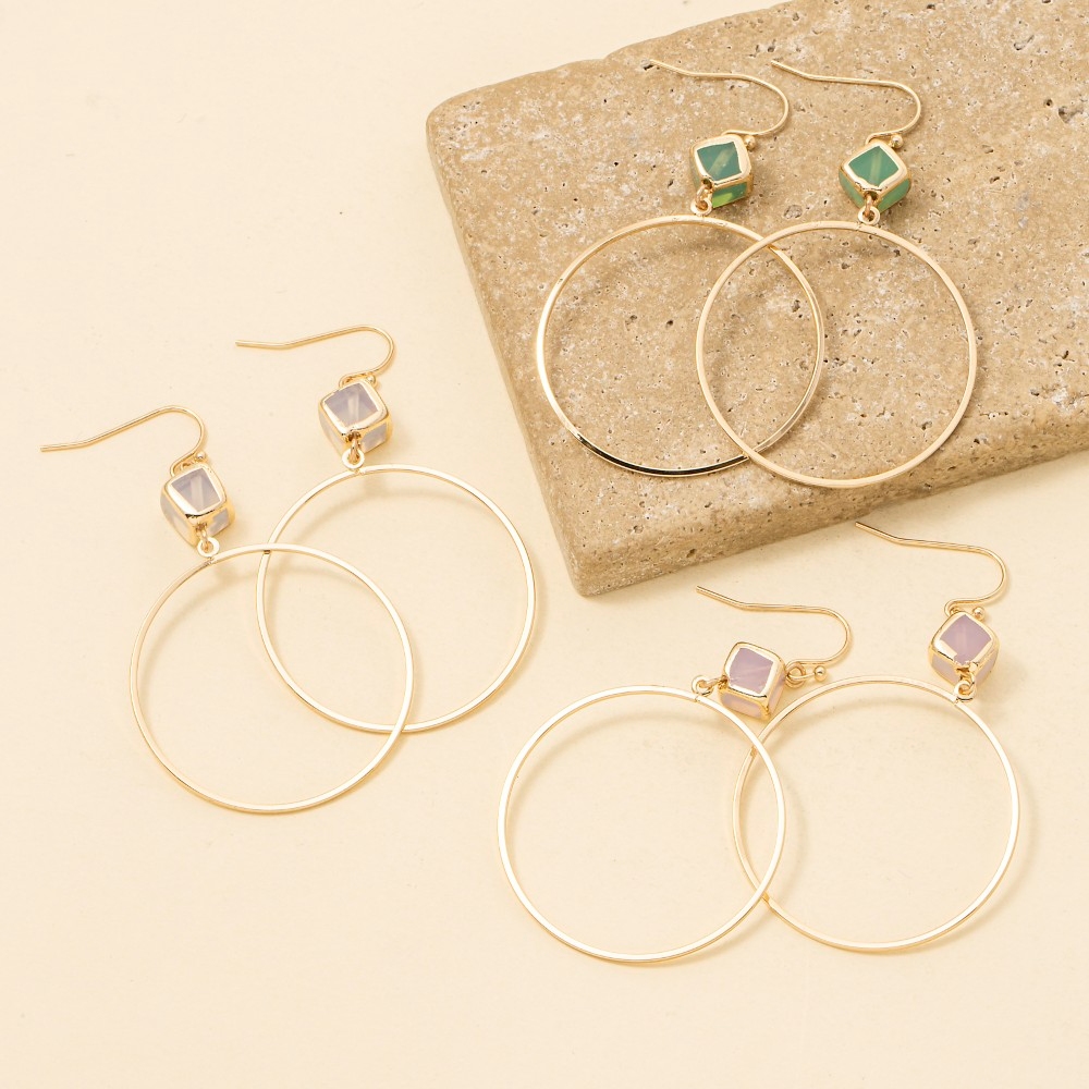 Stone Cube And Hoop Dangle Earrings