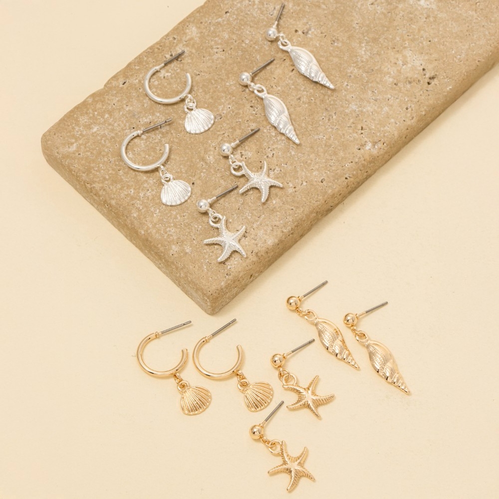 Sea Life Shell Charms Hoop Earrings Set