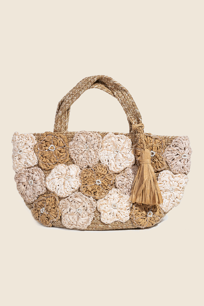 Intricate Floral Jute Knit Tote Bag