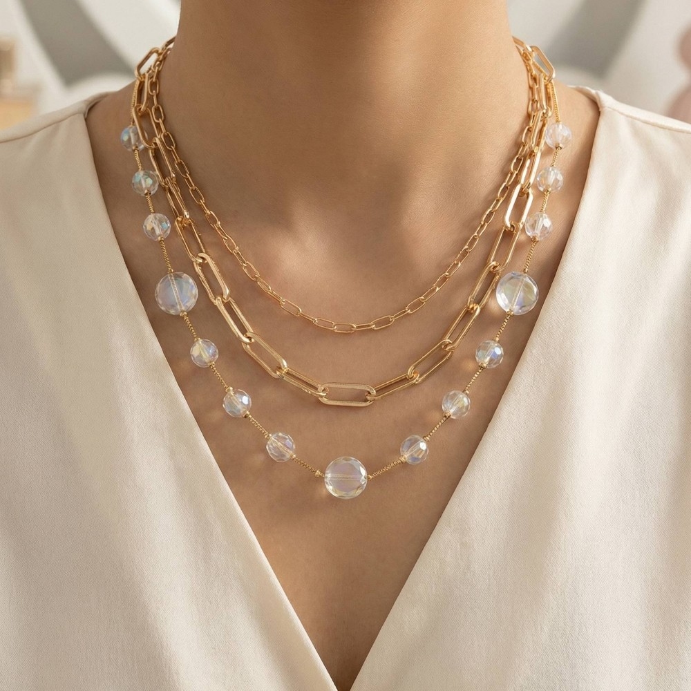 Layered Rhinestone And Chains Necklace
