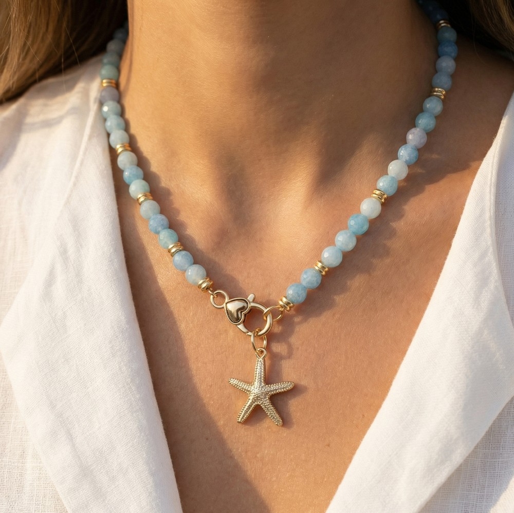 Starfish Charm And Heart Clasp Glass Beaded Necklace