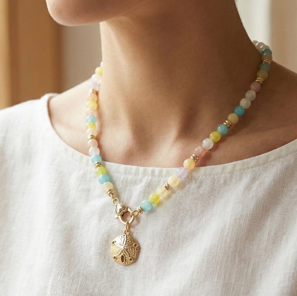 Sand Dollar Charm And Heart Clasp Glass Beaded Necklace