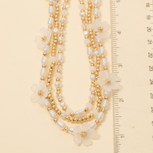 Station Flower Charms Layered Pearl Beaded Necklace