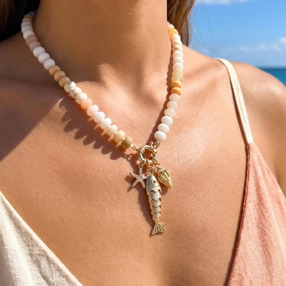 Mixed Sea Life Pendants Semi Precious Stone Beaded Necklace