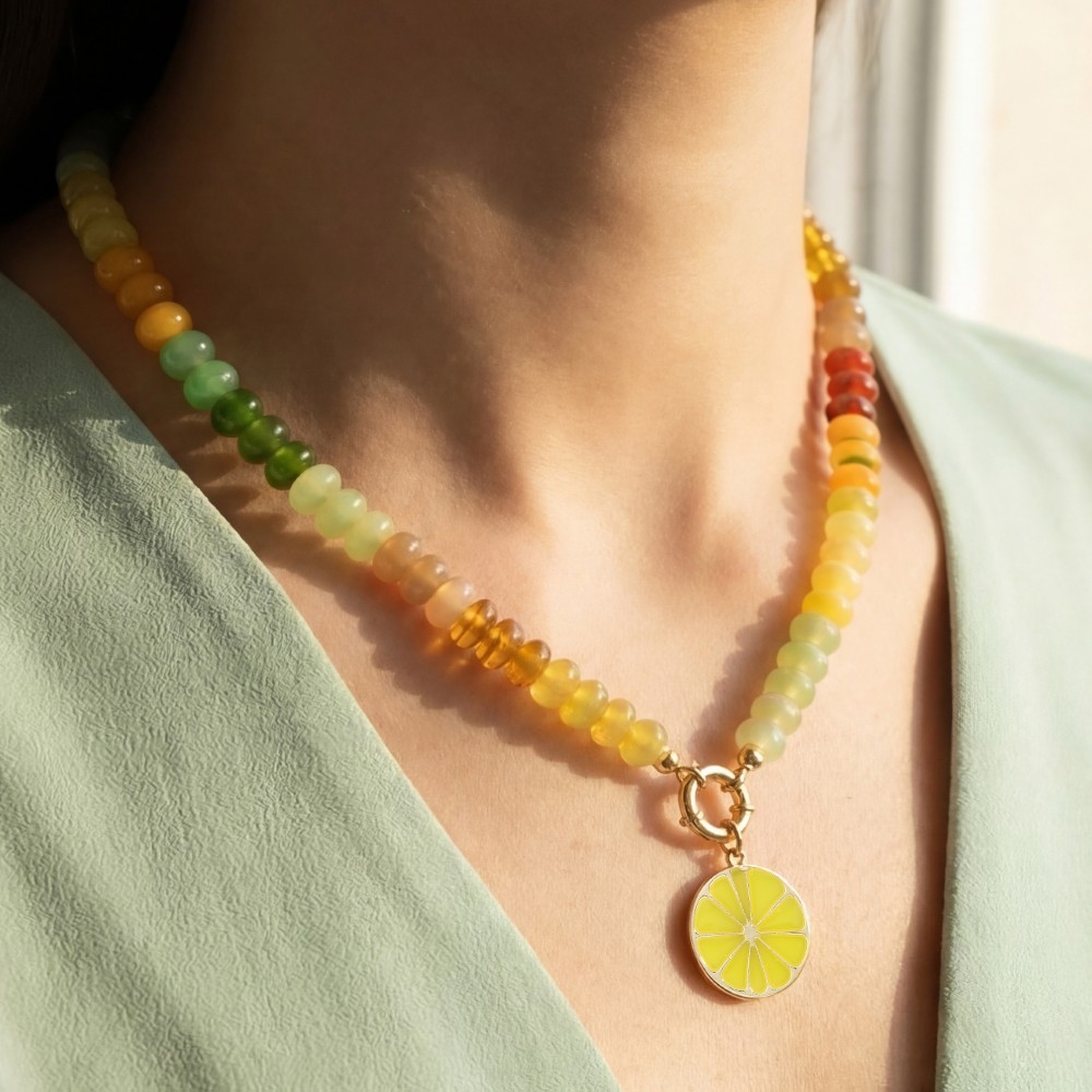 Lemon Slice Fruit Pendant Mixed Beaded Necklace