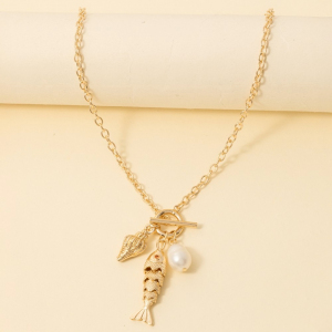 Pearl Fish And Sea Shell Pendants Chain Necklace