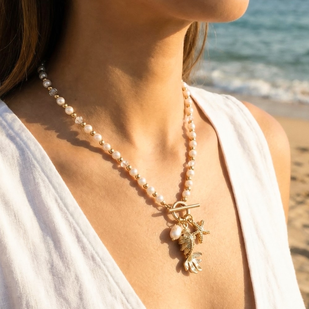 Mixed Sea Life Pendants Toggle Chain Pearl Beaded Necklace