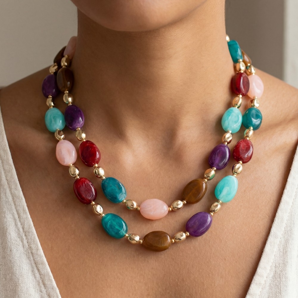 Marble Resin And Metallic Beaded Layered Necklace