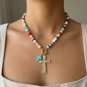 Acrylic Disc Beaded Double Cross Pendant Necklace