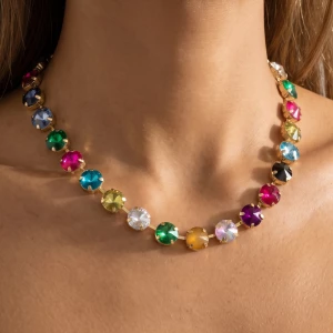 Chunky Jewel Tone Round Crystal Collar Necklace