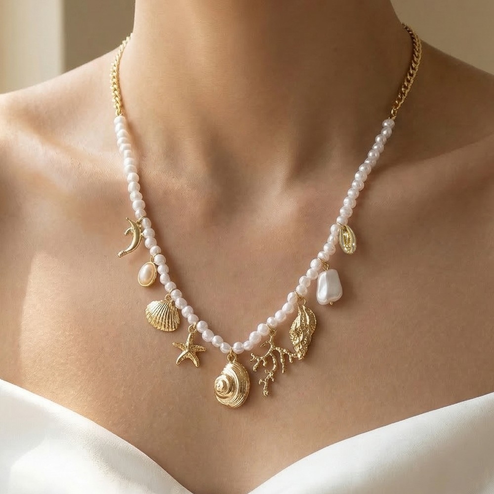 Sea Life Charms Pearl Beaded And Chain Necklace Set